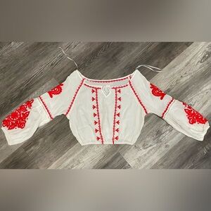 Elegant White Blouse with Red Floral Accents